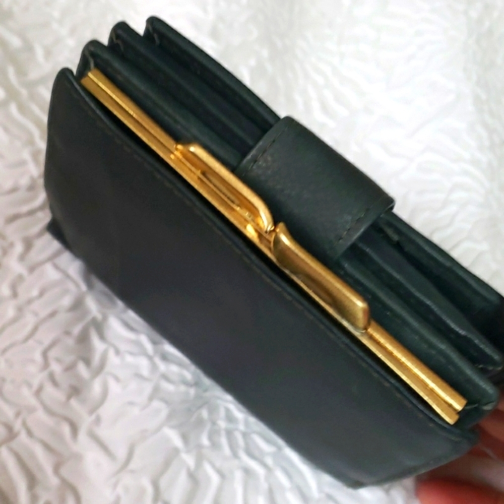 Women THICK Trifold Dark Charcoal Genuine Leather Wallet with double Coin Pocket